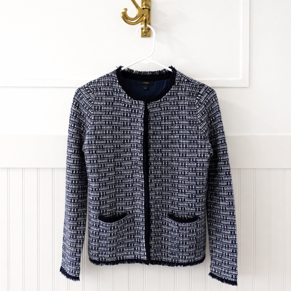 J.Crew Navy Tweed Lady Jacket Fringe Trim XS Classic Blazer